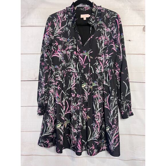 Ted Baker London Size 2 (US sz 6) Long Sleeve Black Bird Print Ruffled Collar - Picture 1 of 5